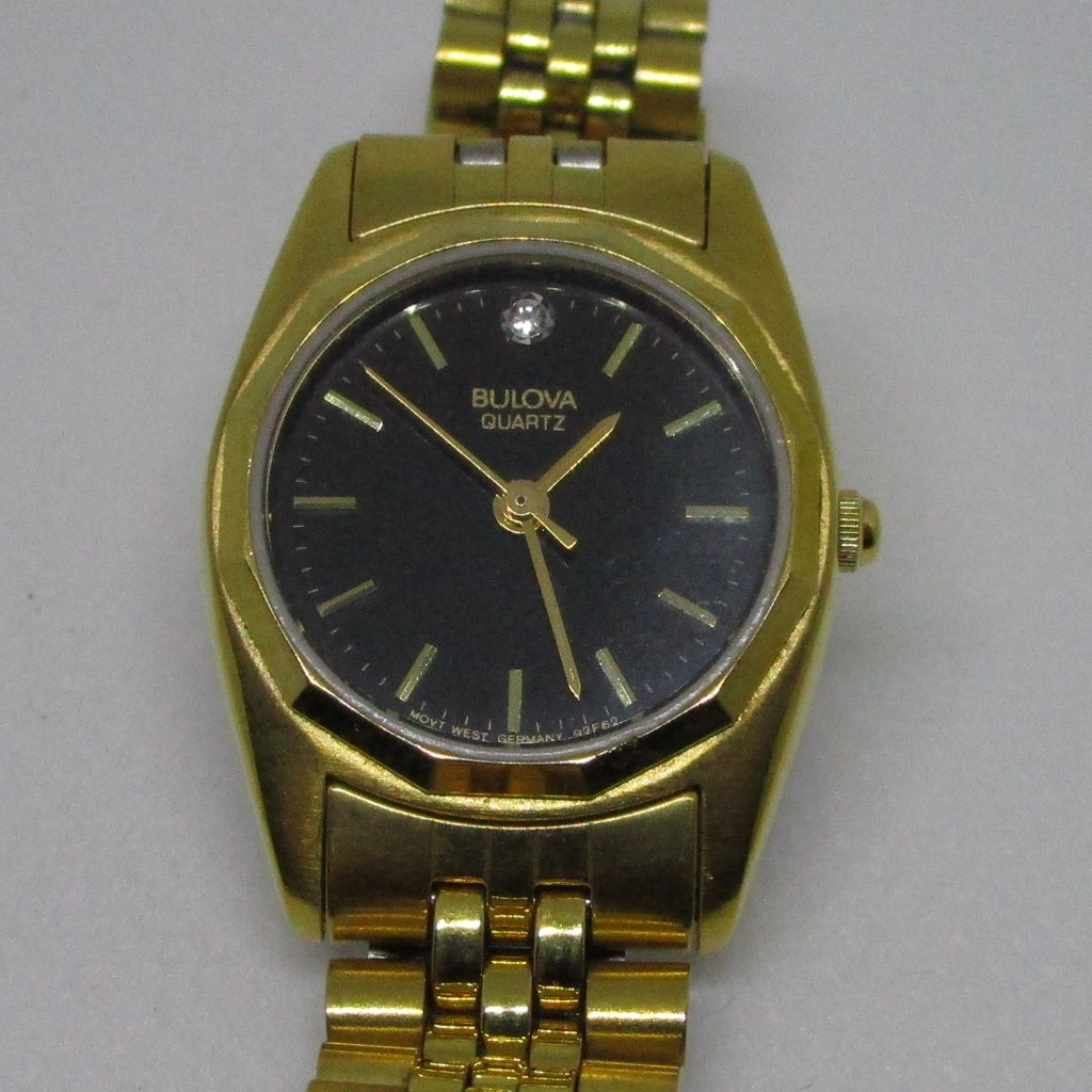 Bulova Gold Tone Diamond Accent Black Dial Metal Ladies Watch